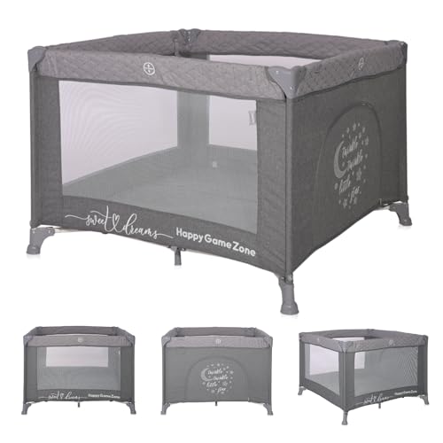 Lorelli Baby Laufstall Sunny Playground, Kleiner Laufgitter 100x100 cm, Absperrgitter mit atmungsaktivem Netz, Schutzgitter mit Reißverschlusstür, Faltbarer Krabbelgitter, grau