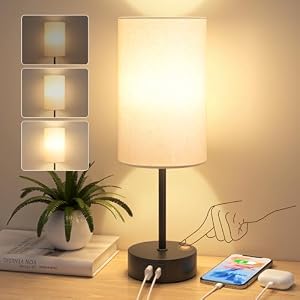 Bedside Lamps Touch Control, 3-Way Dimmable Table Lamp with USB A+C Charging Ports (Black Base-Beige Shade)