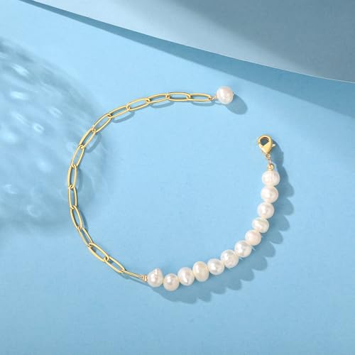 14K Gold Plated 7.3 Inch Baroque Freshwater Cultured Pearl Bracelet for Women - 7mm Pearls Paperclip Link Chain Bracelet, Unique Irregular Dainty Daily Wear Jewelry Gift For Her3