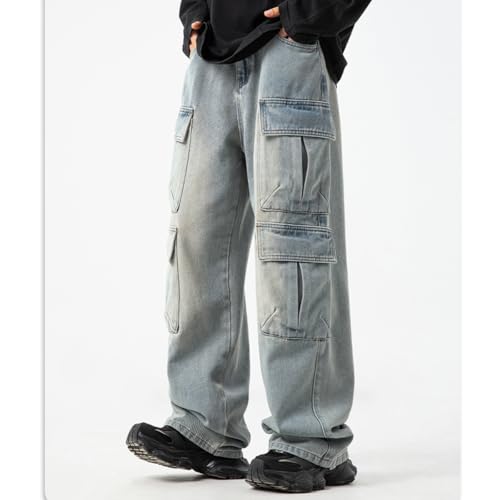 EnllerviiD Men's Baggy Cargo Jeans Relaxed Straight Fit Work Jeans Hip Hop Skater Denim Pants with Multi-Pockets3