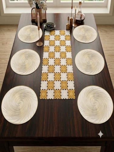 Image of Dakshya Industries PVC Waterproof Round Table Placemat & Table Runner Combo Set | 6 Round Table Mats (38 x 38 cm) + 1 Table Runner | Heat Resistant, Washable, Non Slip Dining Table Decor (Kenvora)
