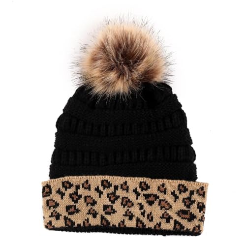 Sopodbacker Gorros De Punto para Sombrero Tejido Beanie Sombrero De Leopardo Cálido Gorro De Punto Gorra Mujer Niña Pom Grueso Dama Cabello Femenino Talla Única Negro