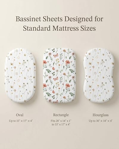 Image of Bassinet Sheets for Baby Girls Boys 2 Pack, Fitted Baby Mattress Sheet for Rectangle, Oval, Hourglass Bassinet Mattress, Breathable Cozy & Universal Fit (Butterfly Garden, Bassinet Sheet)