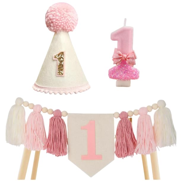 1st Birthday Decorations For Girls,1st Birthday Party Decorations Set, HighChair Banner With Tassels Pink Cone Hat For Baby First Birth day Shower Party Supplies (Pink)