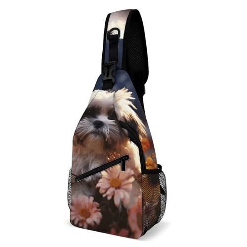 LPSADGF Small Crossbody Sling Backpack Shih Tzu Dog And Flowers Chest Bags for Traveling Chest Fashion Shoulder Bag