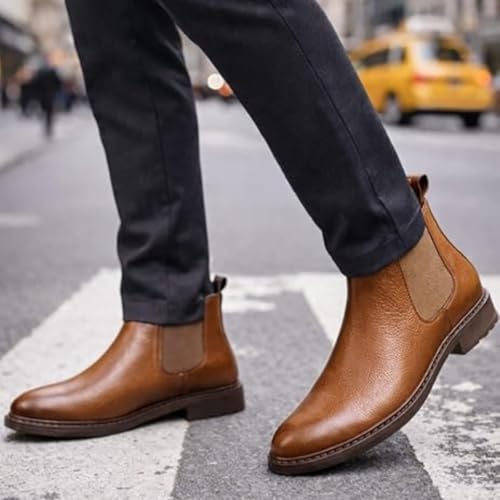 Image of CRACHERS Men's Classic Black Leather Chelsea Boots | Formal & Casual Slip-On Ankle Boots with Elastic Side Panel and Pull Tab | Durable & Stylish Lightweight Boots for Men