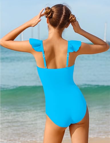 Image of NECIOUS Girls Swimsuit Ruffle Adjustable Straps One Piece Bathing Suit Solid Color Ruched Girls' Swimwear 9-16Y