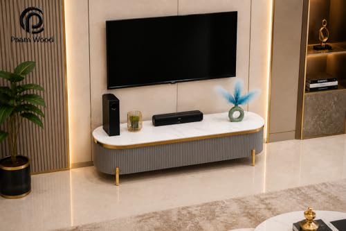 Image of Mazzo Modern TV Unit /Console - 70 inchx12 inchx18 inch White Marble Top with Golden Acrylic, Waterproof Plywood & Charcoal Louvers - Media Cabinet | Modern TV Stand Console Without Storage (Gray)