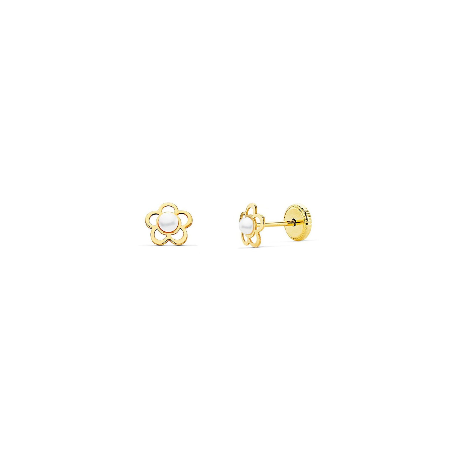 Pendientes Bebe Niña Oro Amarillo flor brillo | Margarita Calada Perla Redonda 2 mm | Certificado de Garantía | Incluye Estuche Regalo - Mondepetit