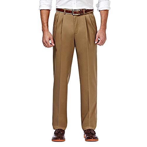 Haggar Men's Premium No Iron Classic Fit Expandable Waist Pleat Front Pant, British Khaki, 50x30