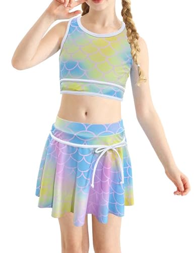 Image of Girl Swimsuit 2 Piece Bathing Suit High Waist Color Block Bikini Skirt Set Sporty Summer Swimwear 4-13Y