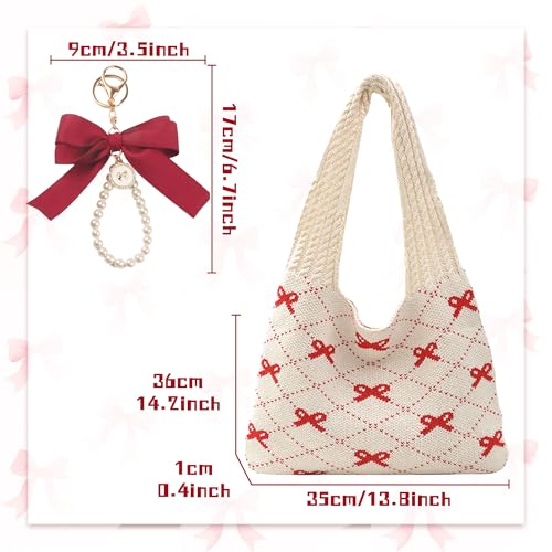 Image of JeVenis Pink Crochet Tote Coquette Bow Aesthetic Hobo Bag for Women Beach Mesh Knitted Shoulder Bag Boho Shoulder Handbag