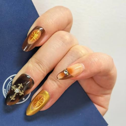 Tortoiseshell Press On Nails Long Coffin Brown Nude Glitter Rhine...
