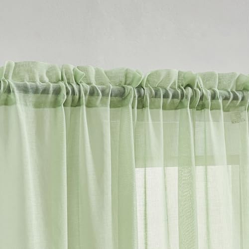 Image of MYSTIC-HOME Extra Wide Sheer Curtains Green 84 Inches Long, Window Treatments Rod Pocket Drapes for Living Room, Bedroom, 108 in Width Semi Sheer Curtains for Yard, Villa, Parlor, 108 inchx 84 inch, 2 Panels