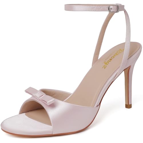 RIBONGZ Women's High Light Pink Heels Round Open Toe Sexy Kitten Sandals Stiletto Heeled Pumps Ankle Strap Bridal Shoes with Bow Summer Wedding Party Casual Office Work 9