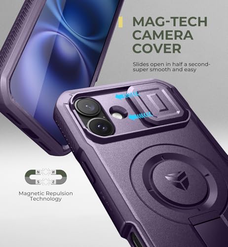 Image of Dexnor for iPhone 16 Plus Case with Slide Camera Cover&Adjustable Kickstand & Built-in Screen Protector,Compatible Wireless Charging Shockproof Heavy-Duty Magnetic Protective Cover,Phantom Purple