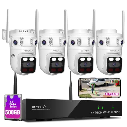 XMARTO 6MP 3-Lens WiFi6 PTZ Camera Kit, 4-Cam 16CH 4K NVR 500GB AI Tracking