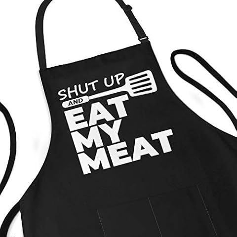 Funny BBQ Apron for Men - Shut Up And Eat My Meat - Adjustable Large 1 Size Fits All - Poly/Cotton Apron with 2 Pockets - BBQ Gift Apron for Father, Husband, Chef Cover