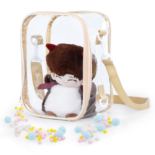 GNEGNI 痛バッグ ぬいぐるみポーチ PVC 全透明 大容量 見せバッグ 2つの携帯方式 取り出し便利 ぬいぐるみ おしゃれ 人形入れ 20-25cm (ベージュ)