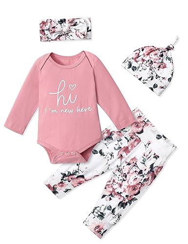 Image of KANGKANG Newborn Baby Girl Clothes Hi I'm New Here Newborn Outfit Infant Romper Floral Pants Cute Baby Girl Outfits 4PC Set