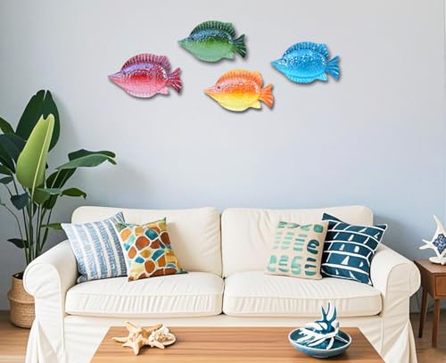 ShabbyDecor Coastal Ocean Sea Metal Fish Hanging Wall Art Decor for Living Room Bedroom Bathroom Guest Room Pool Wall Decor set of 4