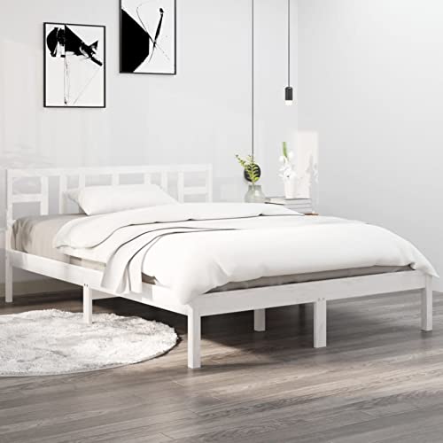 Cinyiqo Estructura de Cama, Somier Cama, Base Cama, Marco De Cama, Base Tapizada, Base Somier, de Madera Maciza Blanca 140x200 cm