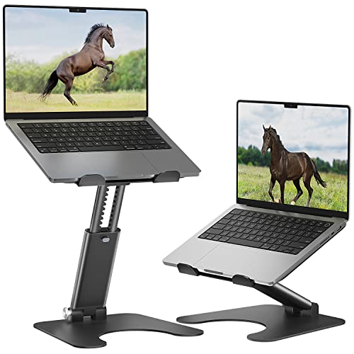 Image of Rottay Collapsible Laptop Stand, Adjustable Height up to 16 inch, Ergonomic Laptop Riser with 2 Angle Adjustment Buttons, Aluminum Laptop Holder Computer Stand Fits MacBook, Laptops Tablets 10-16 inch, Black