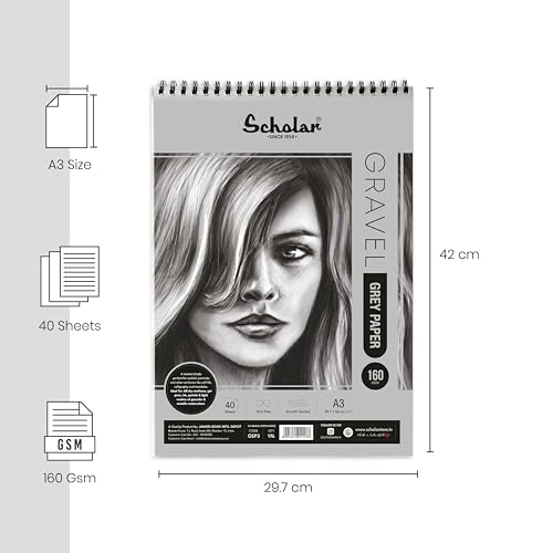 Image of Scholar Gravel Sketch Pad - 170 GSM Grey Toned Drawing Paper | Premium Artist Sketch Pad for Shading, Highlights, Pencil, Charcoal, Pastel & Figure Drawing Practice (40 Sheets) (A3)