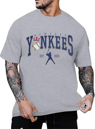 BANGELY Baseball Shirts Men Game Day Baseball Fan Shirt Vintage Sports Team Graphic tees Casual Crewneck Short Sleeve Tops Grey