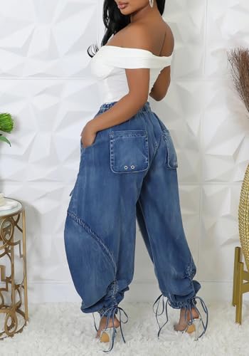 NRTHYE Women Baggy Cargo Jeans Joggers Drawstring High Waist Loose Harem Wide Leg Denim Pants Sweatpants with Pockets4