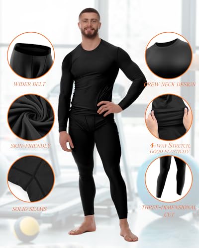Hicarer 4 Set Men's Workout Compression Shirts Pants Set Long Sleeve Winter Thermal Underwear Base Layer Top Bottom4