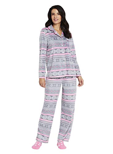 Karen Neuburger Women's Long Sleeve Minky Fleece Pajama Set PJ, Medallion Fairisle Charcoal Grey/Pink/White, S