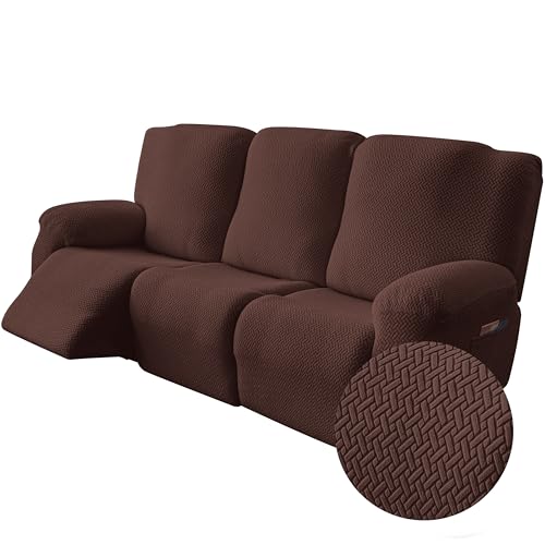 Image of Genina Recliner Sofa Covers - Stretch Reclining Couch Covers with Stripe Jacquard - 3 Seat Cushion Slipcovers with Soft Fabric - Furniture Protector for Pet Kid (Chocolate)