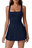 QINSEN Athletic Dress for Women Square Neck Sleeveless Pleated Tennis Dress for Yoga Golf Exercise Navy L