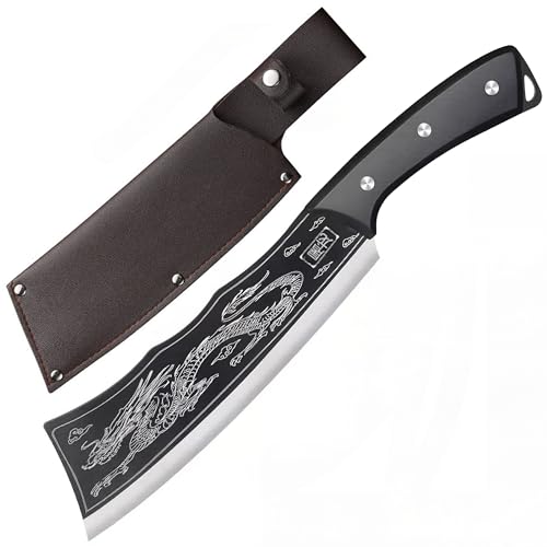 BleezeBlessz Couteau de chef tranchant en acier au carbone, manche bois ergonomique, lame 20 cm, couteau barbecue extérieur