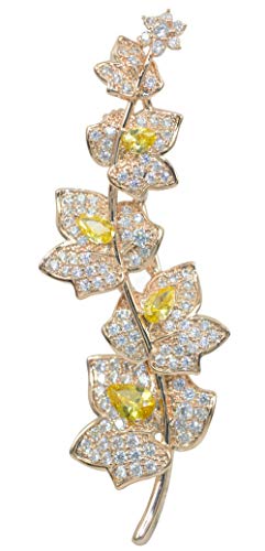 Gyn&Joy Women's 18K Rose Gold Plated Yellow And Clear Cubic Zirconia Wedding Bridal Flower Leaf Brooch BZ236