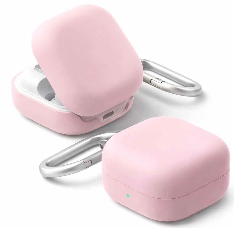 Image of Liquid Silicone Case Cover for Samsung Galaxy Buds 4 and 4 Pro with Heavy Duty Carabiner (Baby Pink, Silicone)