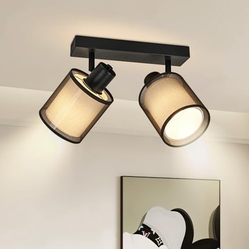 Doughelec Lámpara de Techo 2 Focos Orientable, Negro Plafones de Techo E14 Plafón Foco de techo Retro Aplique Pared Interior Giratorios blanco cálido Para Cocina Pasillos Salón, Sin Bombilla