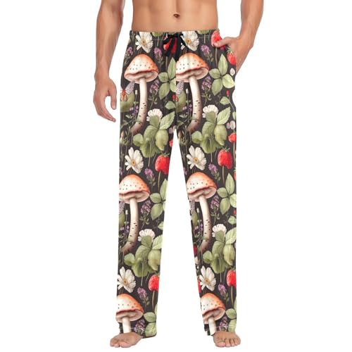 Men's Mushroom Strawberry Pajama Pants with Pockets - Straight Fit Cotton Sleep Bottoms for Lounge & Nightwear#835
