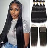 Human Bundles with Closure Straight Brazilian Human Hair Weave Bundles with 4x4 Closure (18 20 22 24+16 Closure) Pre-Plucked Baby Hairs and Natural Hairline Black Color