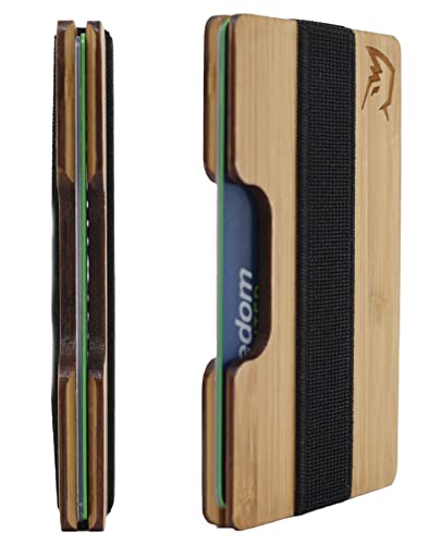 Front Pocket Minimalist Wallet Made from Bamboo Wood, Slim Compact Credit Card Holder, Holds 15+ Cards and Elastic Cash Band…
