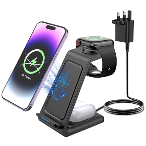3 en 1 Cargador inalámbrico, Wireless Charger Rápido Soporte De Carga Inalámbrico para iPhone 16 15/14/13/12/11/Pro/Max/XS/XR/X/8/Plus, Apple Watch 9/8/7/6/SE/5/4/3/2 & AirPods 3/2/Pro