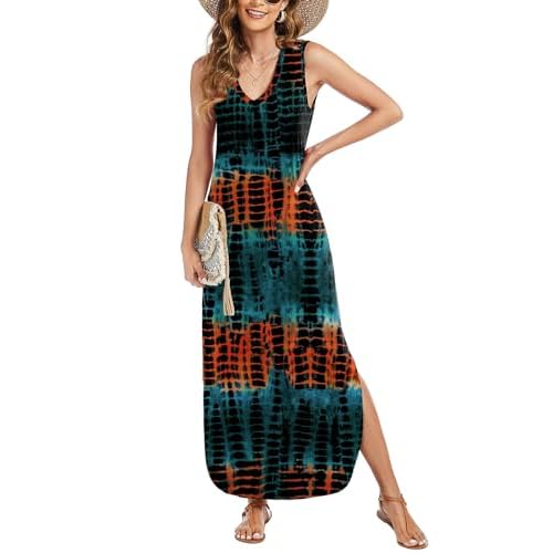 Arolina Maxi Dress for Women Tropical Summer V Neck Sleeveless Split Long Beach Dresses Casual Loose Sundress with Pockets Tiedye 01 X-Large