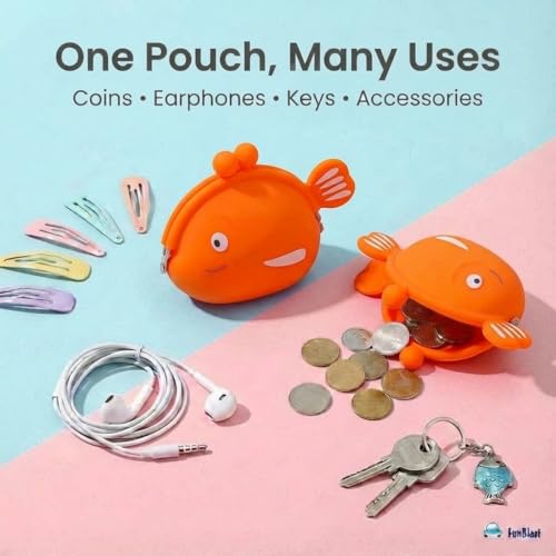 Image of FunBlast Cute Fish Shape Silicone Coin Purse for Kids & Adults - Mini Pouch for Coins, Earphones, Keys & Small Essentials, Aesthetic Pouches for Girls & Women - 12 X 9.5 X 3 Cm (Orange)