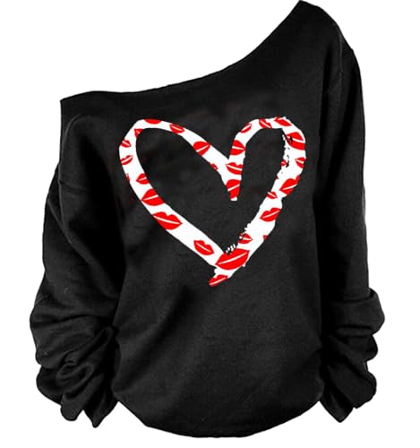 MAGICMK Woman’s Sweatershirt Lips Print Causal Blouse Off The Shoulder Long Sleeve Loose Slouchy Pullover Plus Size Tops