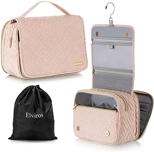 Elviros Hanging Toiletry Bag for Women, Large Travel Makeup Bag Cosmetic Case, Water-resistant Travel Organizer for Toiletries Accessories (Pink)