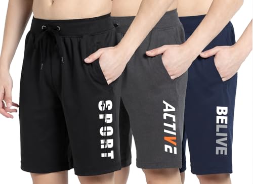 Image of Men's Cotton Blend Athletic Shorts, Pack of 3, Side Pockets, Black Grey Navy