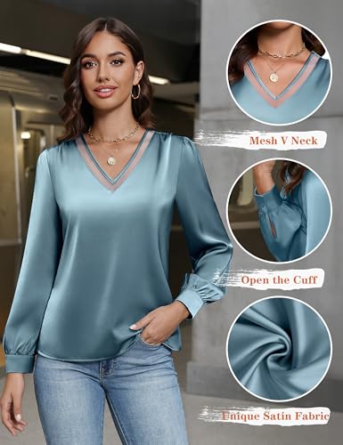 Blooming Jelly Womens Silk Business Dressy Casual Blouses Lace V Neck Long Sleeve Fall Tops Work Pleated Trendy Outfits3
