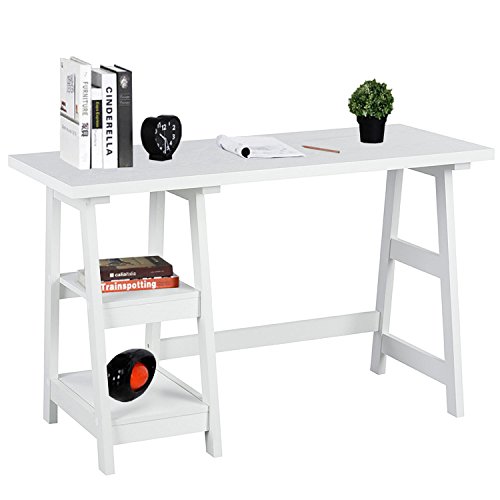 Trestle White Computer-Desk with 2 Removable Storage Shelves Home Office Workstation Wood Study Writing-Desk White Kid Desk 46.8 x 19.9 x 29 inches, CAS004