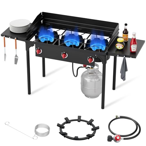 Comparison: Best Gas Stove 3 Burner 7 ADREAK 3 Burner Propane Burner, 225,000 BTU High Pressure Propane Stove with Windscreen & Side Shelves, Outdoor Propane Gas Stove with 0-20 PSI Regulator for Camping, Backyard, Outdoor Cooking